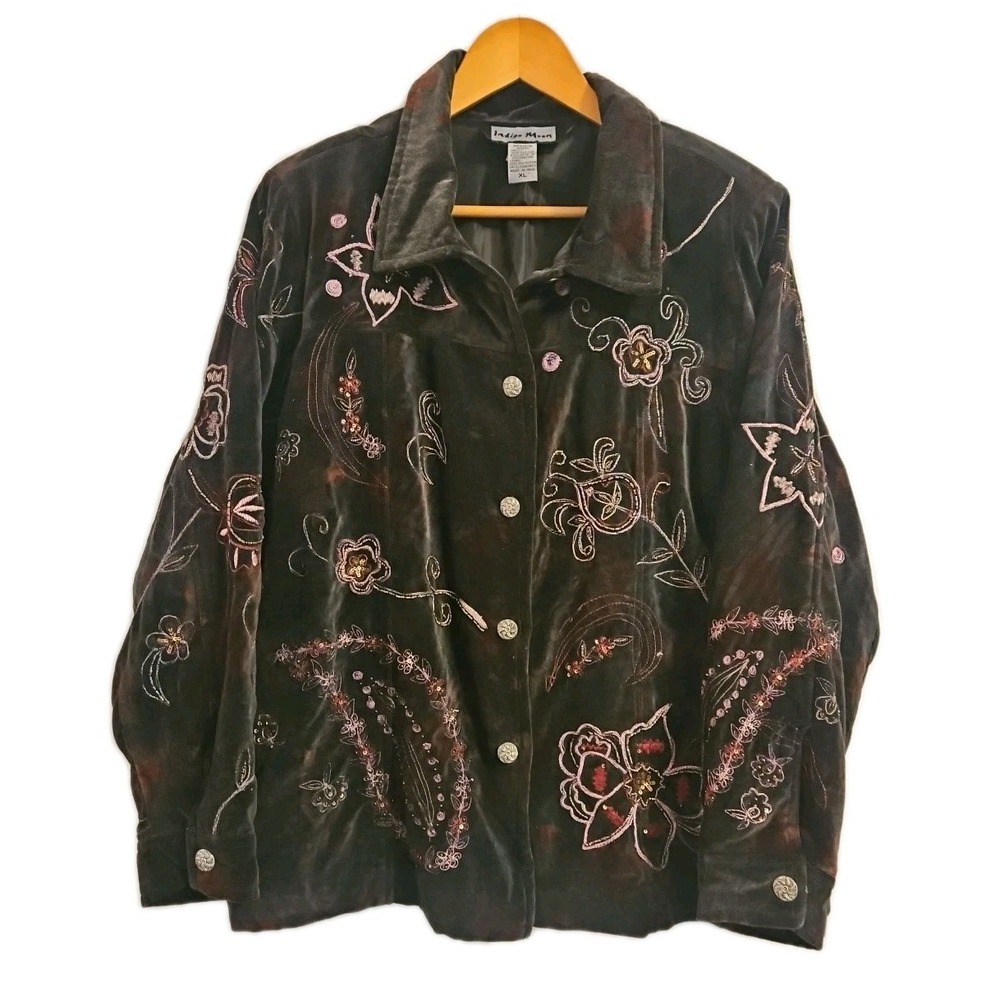 Indigo Moon Jacket Art To Wear Velvet Velour Embroidery Beaded Boho Womens XL